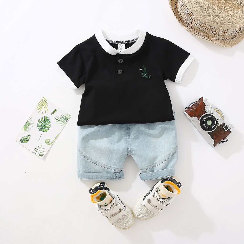 Set áo thun ngắn tay họa tiết khủng long + quần short denim phong cách mùa hè cho bé trai 0-5 tuổi