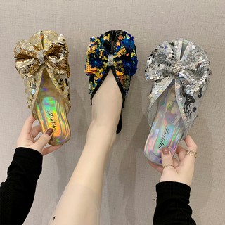 Baotou half slippers female wear 2020 summer new cute bowknot sequins round head doll shoes flat bottom sandals
