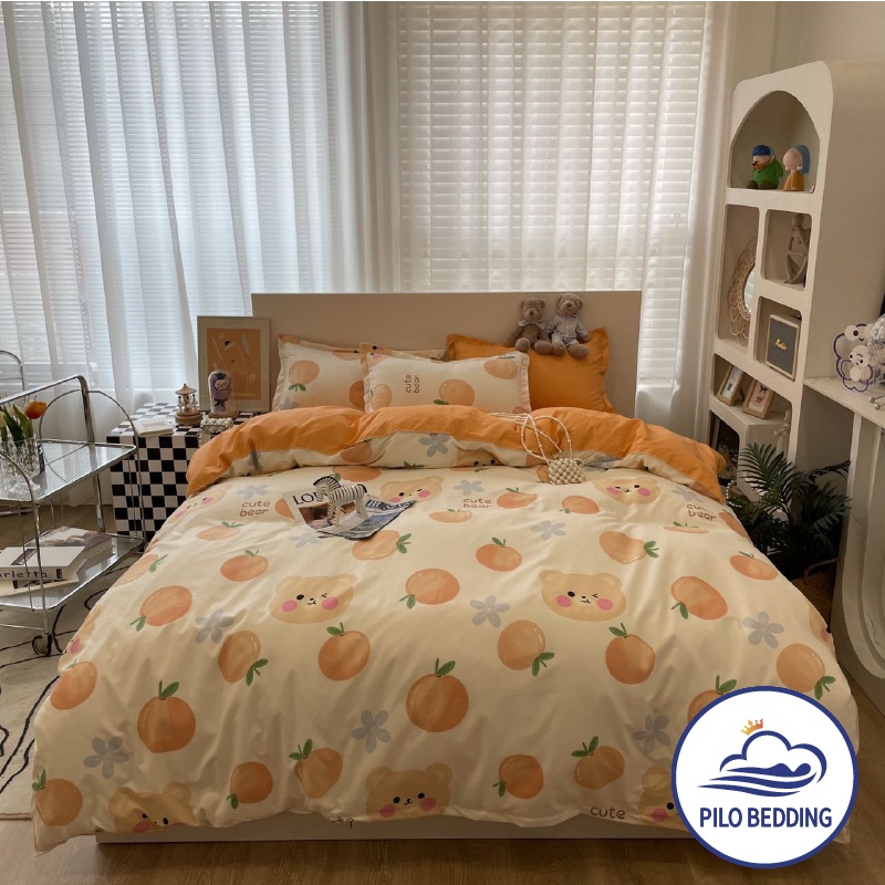 Bộ chăn ga gối Cotton Poly PILO BEDDING gồm vỏ chăn mền,drap ga giường và 2 vỏ gối nằm - PL Trái cam