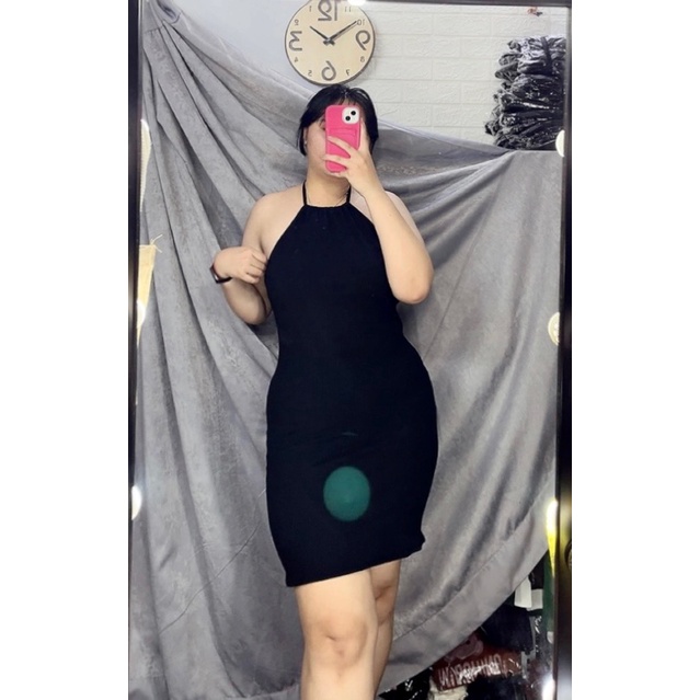 Đầm kiểu dây yếm chất thun gân mịn nữ bigsize (Ảnh mẫu chụp tại shop)