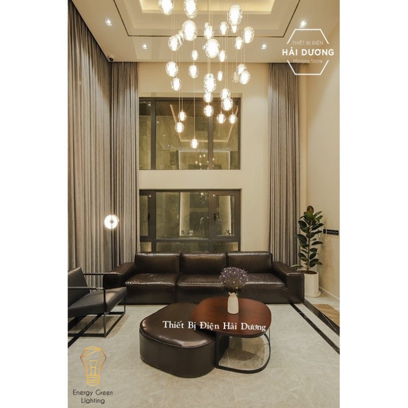 Bộ 15 Đèn thả thông tầng pha lê giọt nước thủy tinh tiết kiệm điện dễ thay thế Tặng kèm đế chung tròn và bóng LED