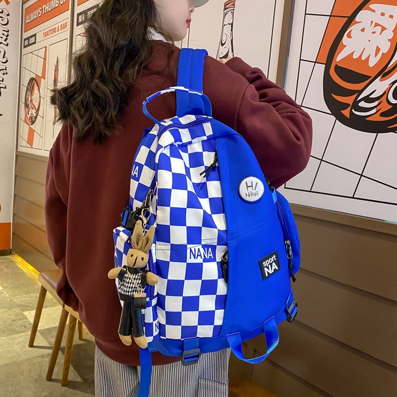 Ba Lô Đeo Vai Kích Thước Lớn In Họa Tiết Caro Màu Xanh Dương Thời Trang Cho Nam Và Nữ Sinh Trung Học