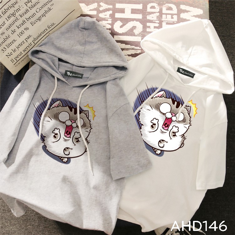 AHD146 Áo thun teen nam nữ HOODIE TAY LỠ CÓ NÓN hình mèo ami sợ