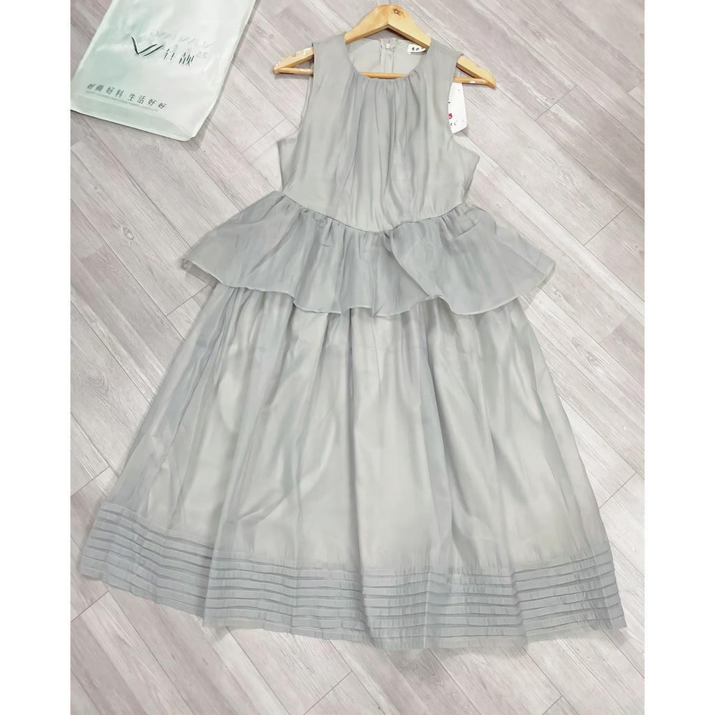 ⚡BÁN SỈ⚡Đầm tơ cổ tròn chân váy xoè  dáng dài 2 màu xanh ghi,be