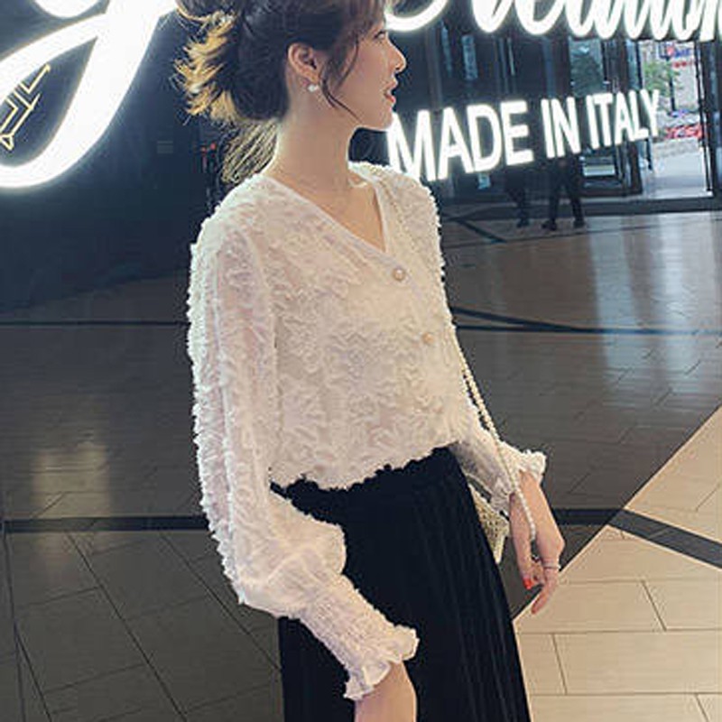 Mới Áo Chiffon cổ chữ V tay loe dáng rộng phối tua rua