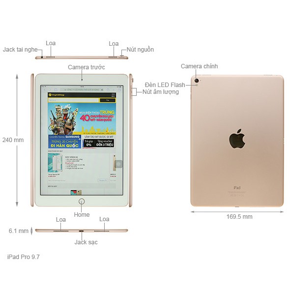 Máy Tính Bảng iPad Pro 9.7'' 32Gb (4G+ Wifi) Chính Hãng - Zin Đẹp 99% - Màn Đẹp / Loa To / Ram 2Gb / Chip A9X | BigBuy360 - bigbuy360.vn