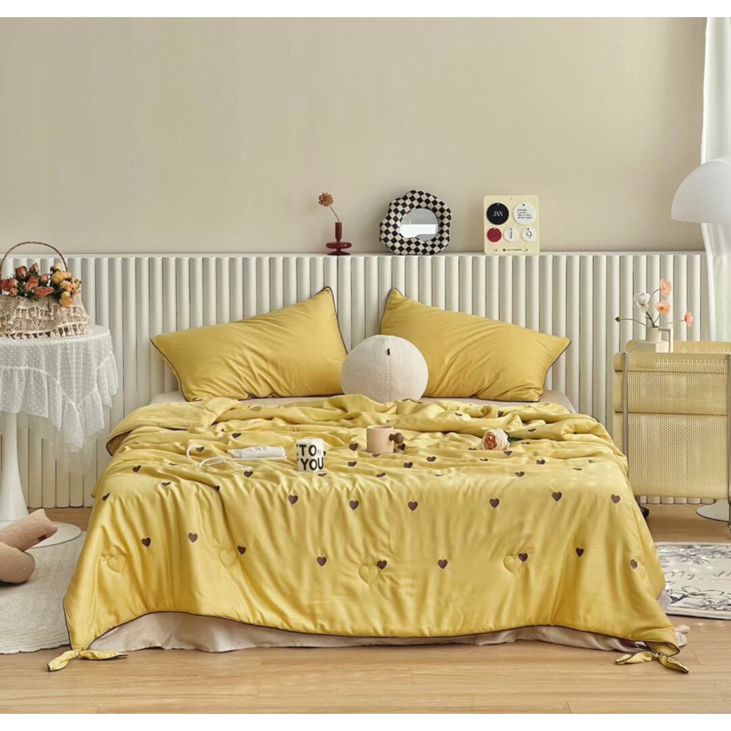 Chăn tencel thêu tim kèm nơ cao cấp, chăn đắp hè thêu tim tencel mềm mịn kích thước 2mx2m3