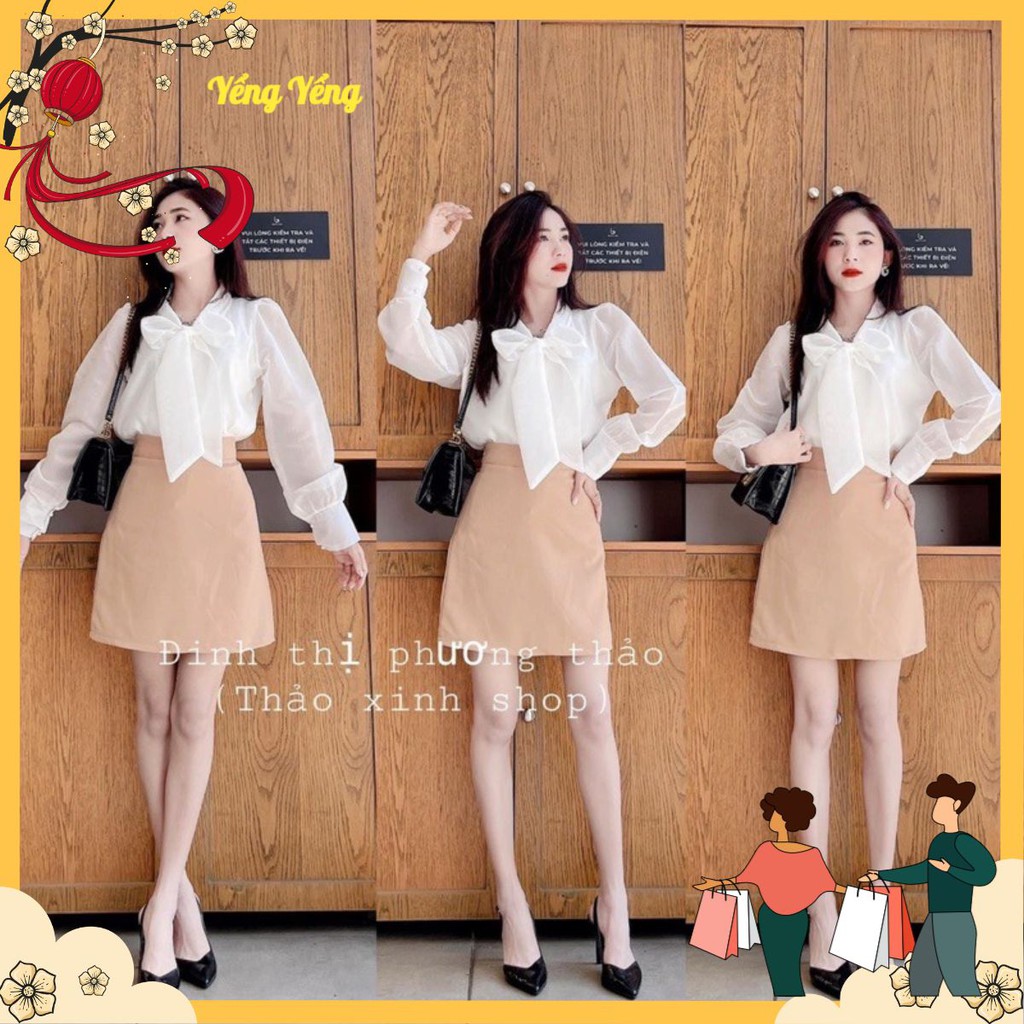 SNU172 - SET NỮ ÁO SƠ TRẮNG CỔ NƠ MIX CVAY NÂU