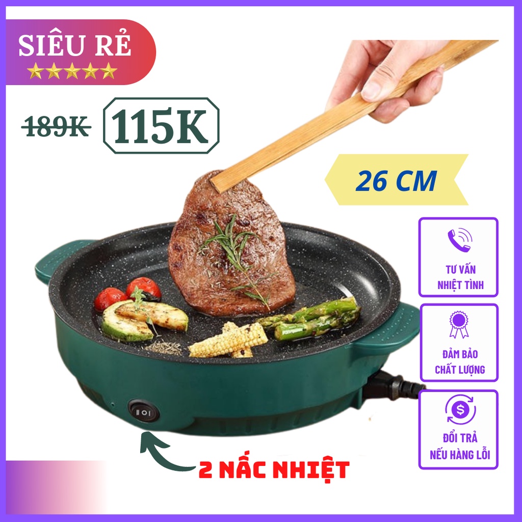 Chảo Nướng Điện Hàn Quốc Size 26CM, Bếp Nướng Chống dính vân đá dễ dàng vệ sinh, phù hợp cho 3-4 người sử dụng