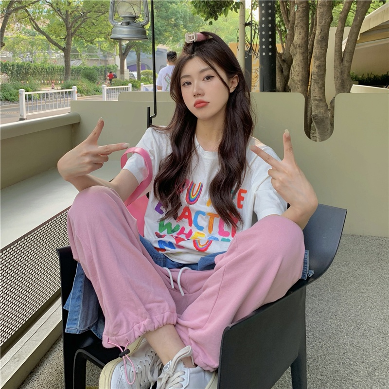 SUXI Women's Summer Letter Print Round Neck White Loose Short Sleeve T-shirt