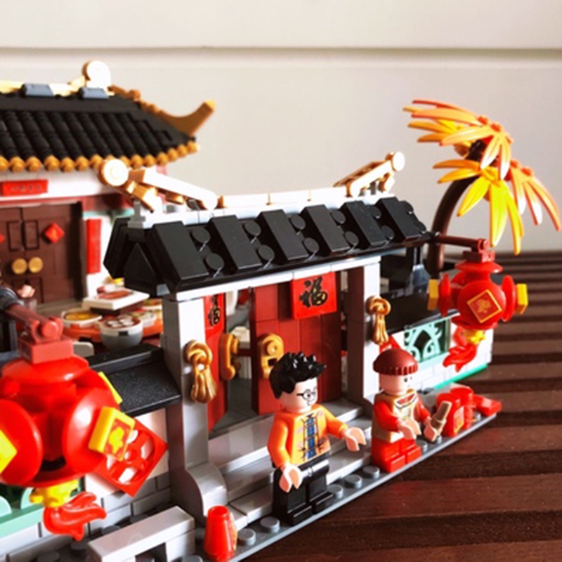 Chinese City Street Spring Festival New Year's Eve Family Dinner Dragon dance Building Blocks Lego Gift Toys