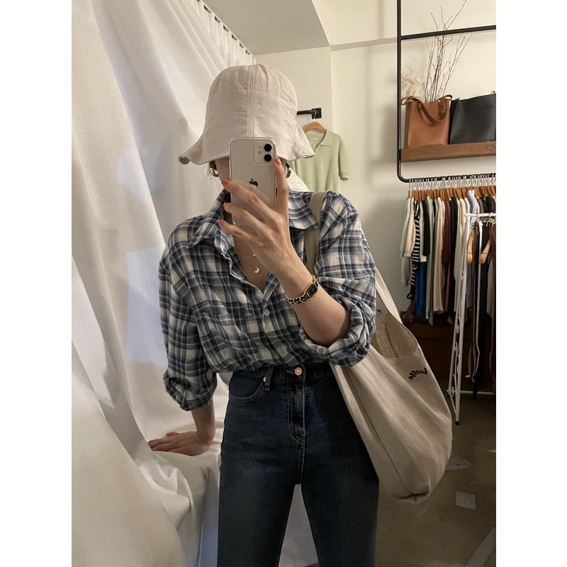 Áo sơ mi tay dài họa tiết sọc caro phong cách retro Hàn Quốc cao cấp