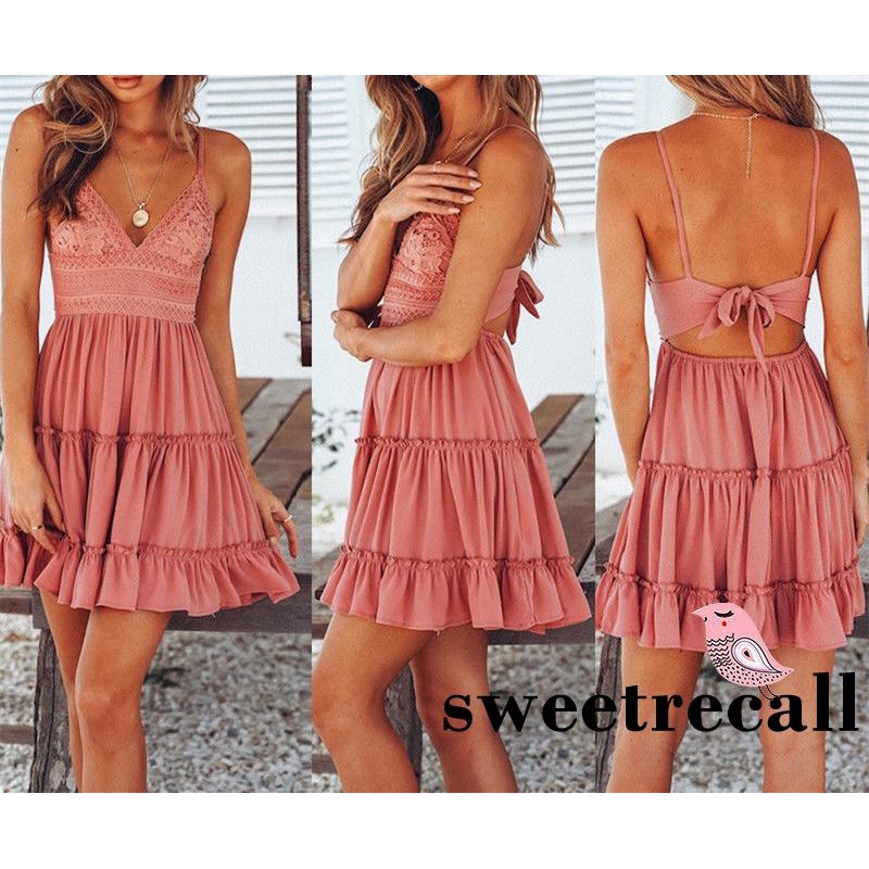 Women Dress, Solid Color Sling Deep V-Neck Waist Design Back Tie Lace, Loose Hollow Back Summer Dress for Beach, Vacation