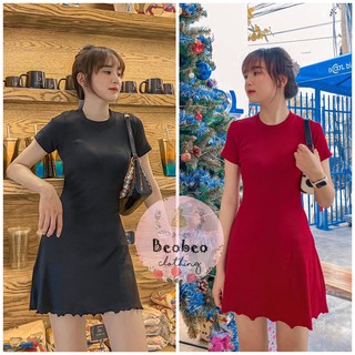[Ảnh thật] Đầm thun gân đen đỏ tay ngắn lai cuốn ulzzang