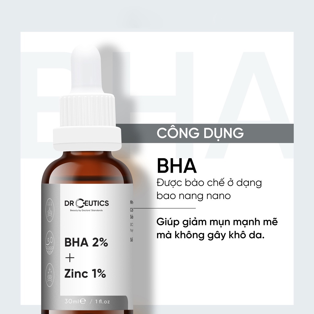 DrCeutics Serum BHA 2% + ZinC 1% 30ml và 100ml Giảm Mụn Và Giảm Sưng Mụn