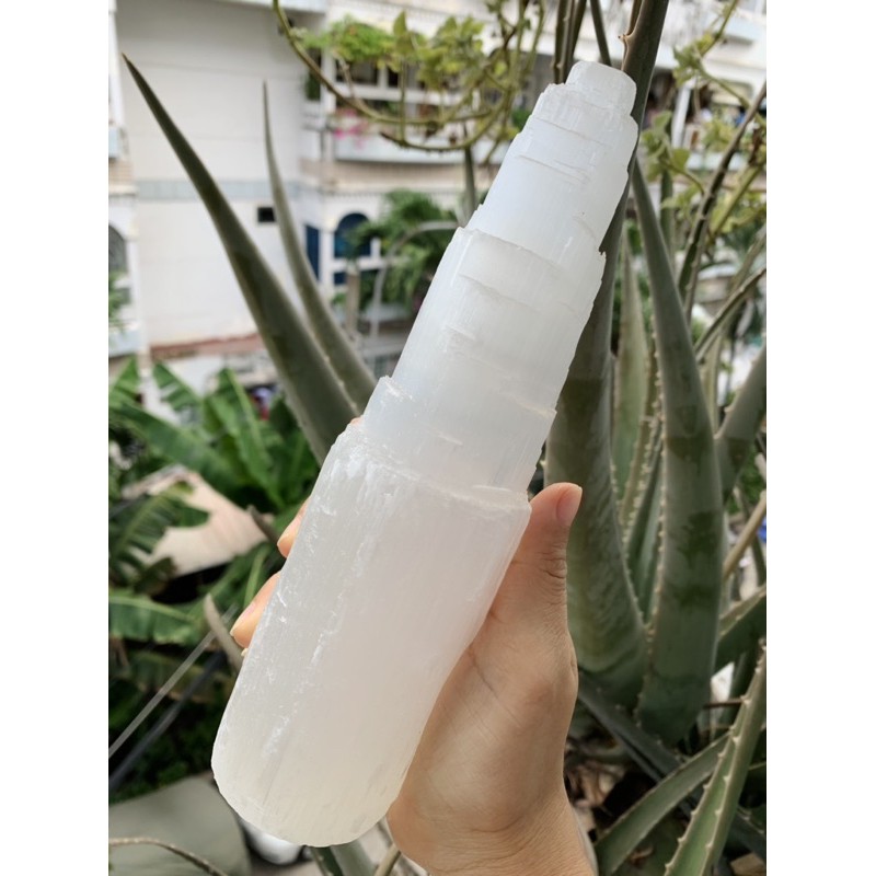 Tháp đá Thanh Tẩy Selenite thô, Đá trang trí mài dạng Tháp đứng 3 tầng đá Thiên Nhiên, Đá Healing, Thiền
