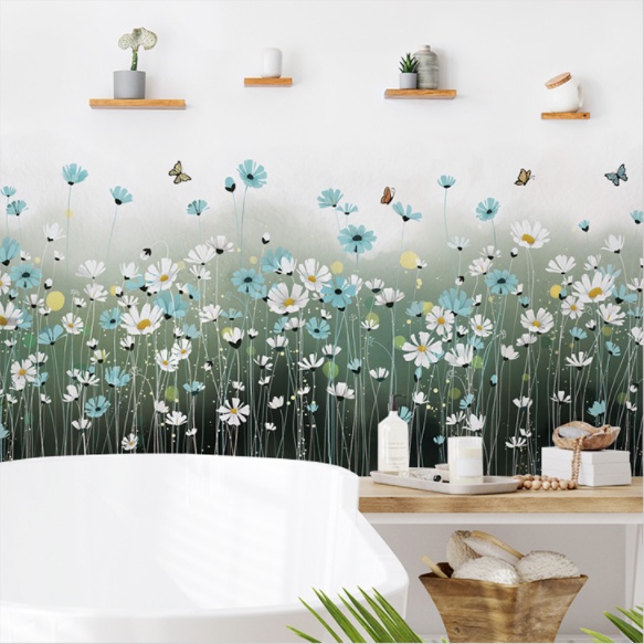 Decal trang trí tường - Chân tường cỏ dại trắng xanh