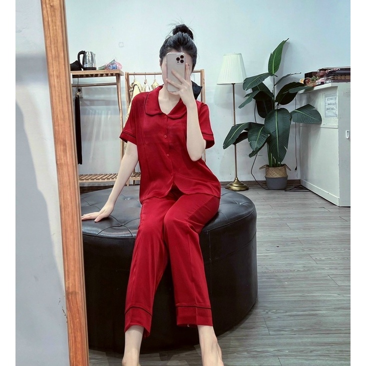 Bộ Pijama lụa áo cộc quần dài cổ Sen Hàng thiết kế cao cấp Chất Lụa Xinh