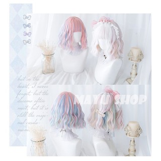 Wig Trắng mix màu Wig xoăn ngắn Lolita Cosplay