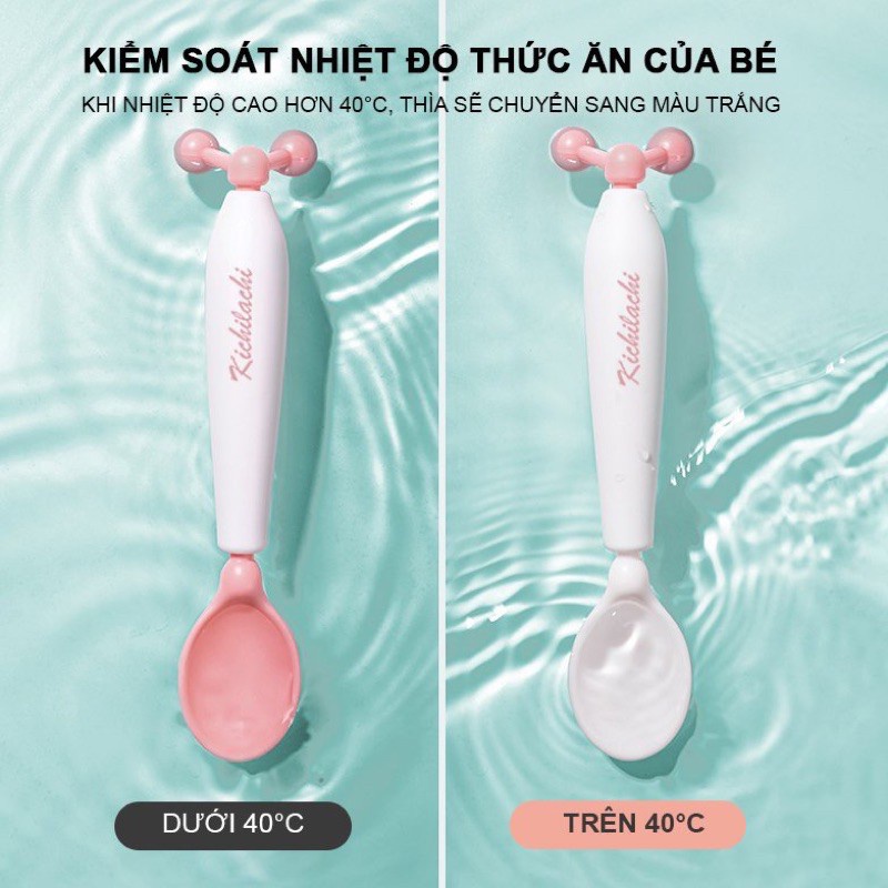 Muỗng / Thìa ăn dặm cảm ứng nhiệt cán xoay 360 độ chống đổ an toàn cho bé - Kichilachi Kichi (Công nghệ Nhật)