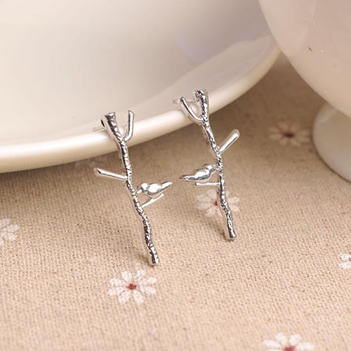 Khuyên tai kim loại hình nhành cây và chú chim thanh lịch cho nữ