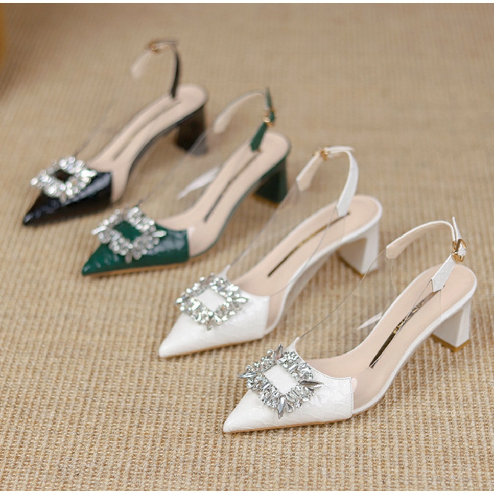Giày hở gót nữ 5p mũi nhọn da vân mềm charm đá bít mũi thời trang công sở đẹp -Dazzling Shoes DA762