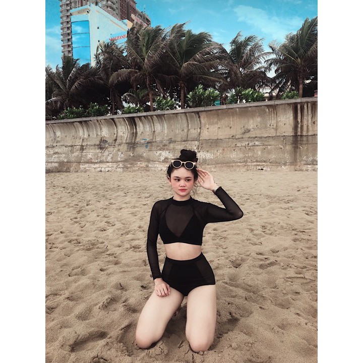 Bikini hai mảnh đen phối lưới dài tay sexy mặc đi biển ( Ảnh chụp thật 100%) | BigBuy360 - bigbuy360.vn
