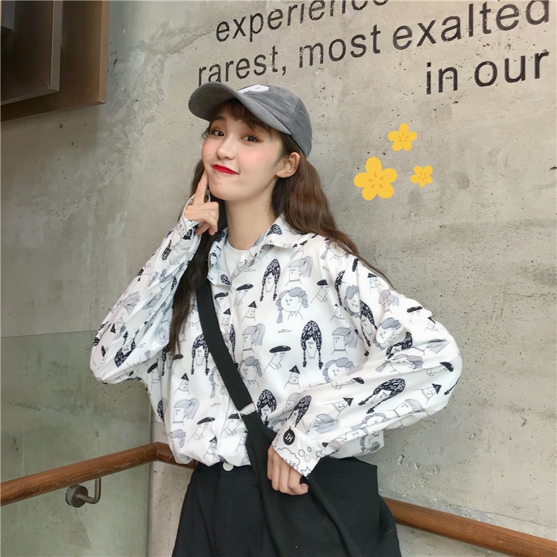 LEEVA - Áo sơ mi họa tiết nữ dài tay in hình năng động: GIRL