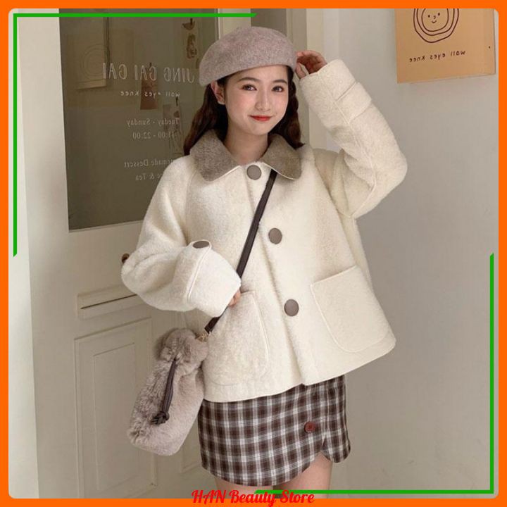 [Hot Trend] - Áo Khoác Lông Cừu Cổ Bẻ Tay Dài Dáng Rộng Kèm Túi- Phong Cách Hàn Quốc -Ảnh Thật Trả | BigBuy360 - bigbuy360.vn