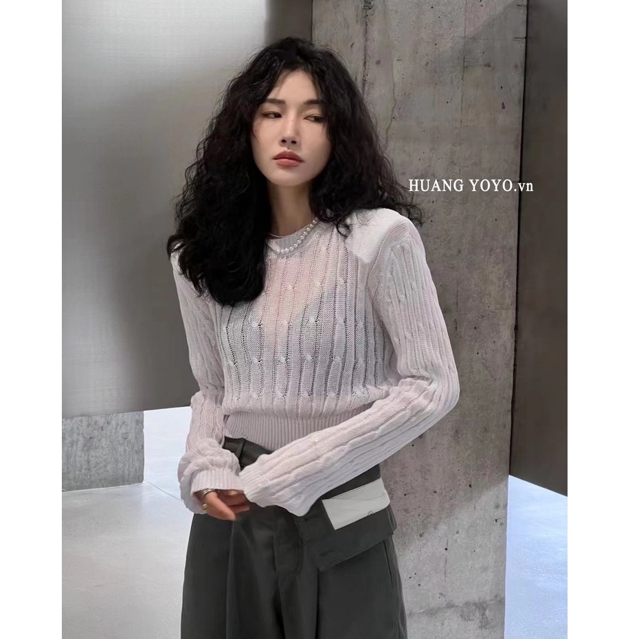 Áo len dệt kim kumikumi tay dài cổ tròn khoét lỗ gợi cảm phong cách Hàn Quốc cho nữ