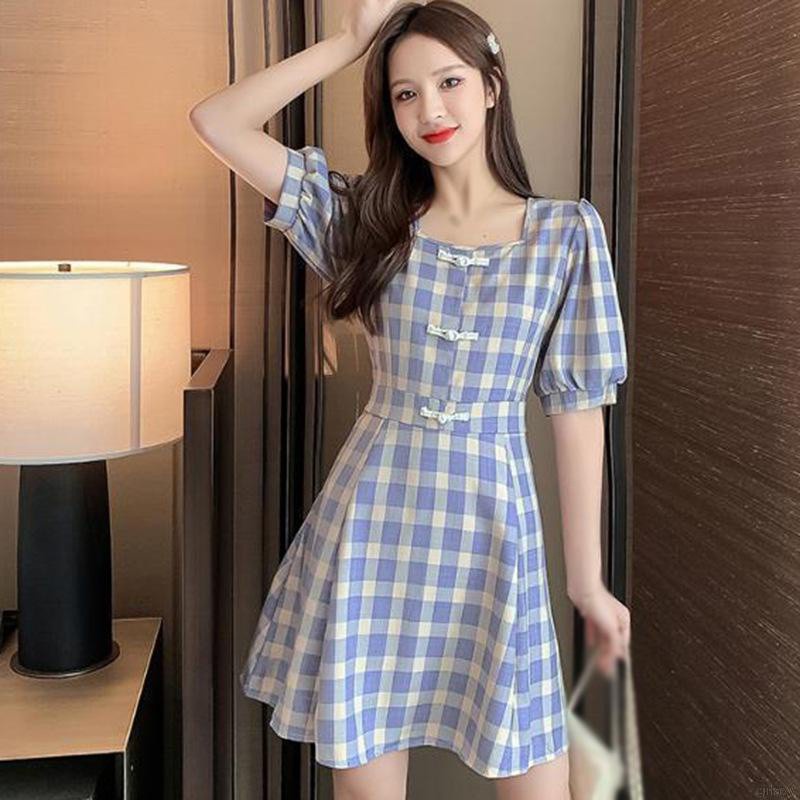 Đầm Chữ A Tay Ngắn Phồng Cổ Vuông Họa Tiết Sọc Caro Phong Cách Retro Pháp Cho Nữ