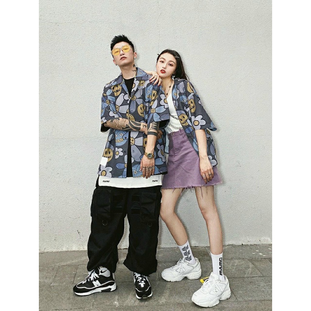 Áo sơ mi unisex chiffon tay ngắn hoạ tiết hoạt hình mặt cười và bông hoa MAMC thời trang ngày thường cá tính vải mềm mịn