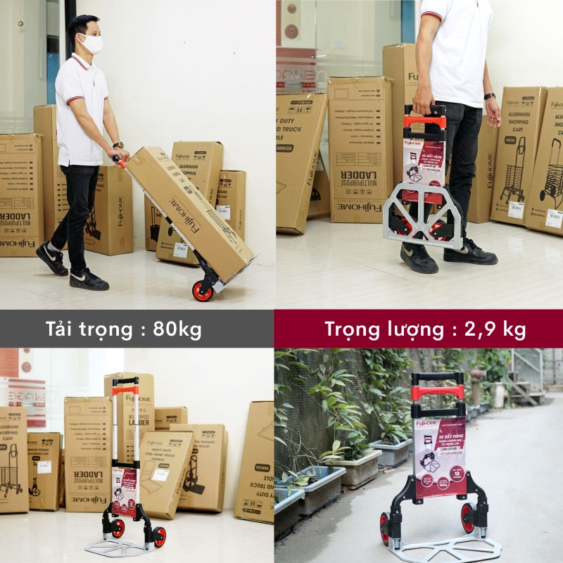 Xe đẩy hàng gấp gọn 2 bánh chở hàng 80kg Nhật Bản FUJIHOME HT-280, xe kéo hàng  gấp gọn nhẹ siêu thị đa năng giá rẻ mini