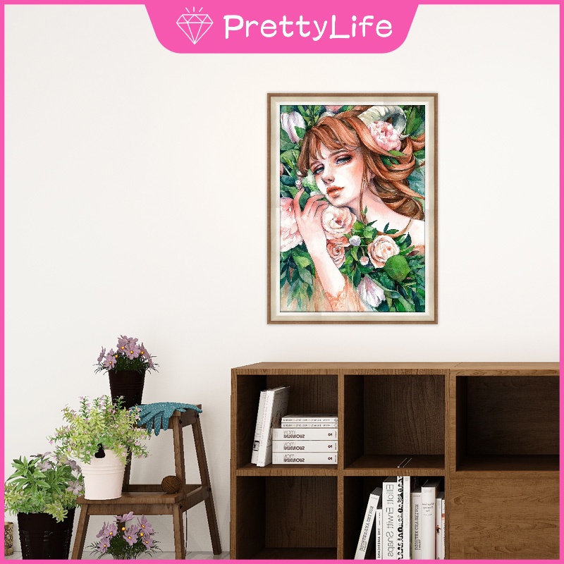 Set tranh đính đá 5d hình cô gái &amp; hoa trang trí độc đáo DIY kích thước 30x40cm