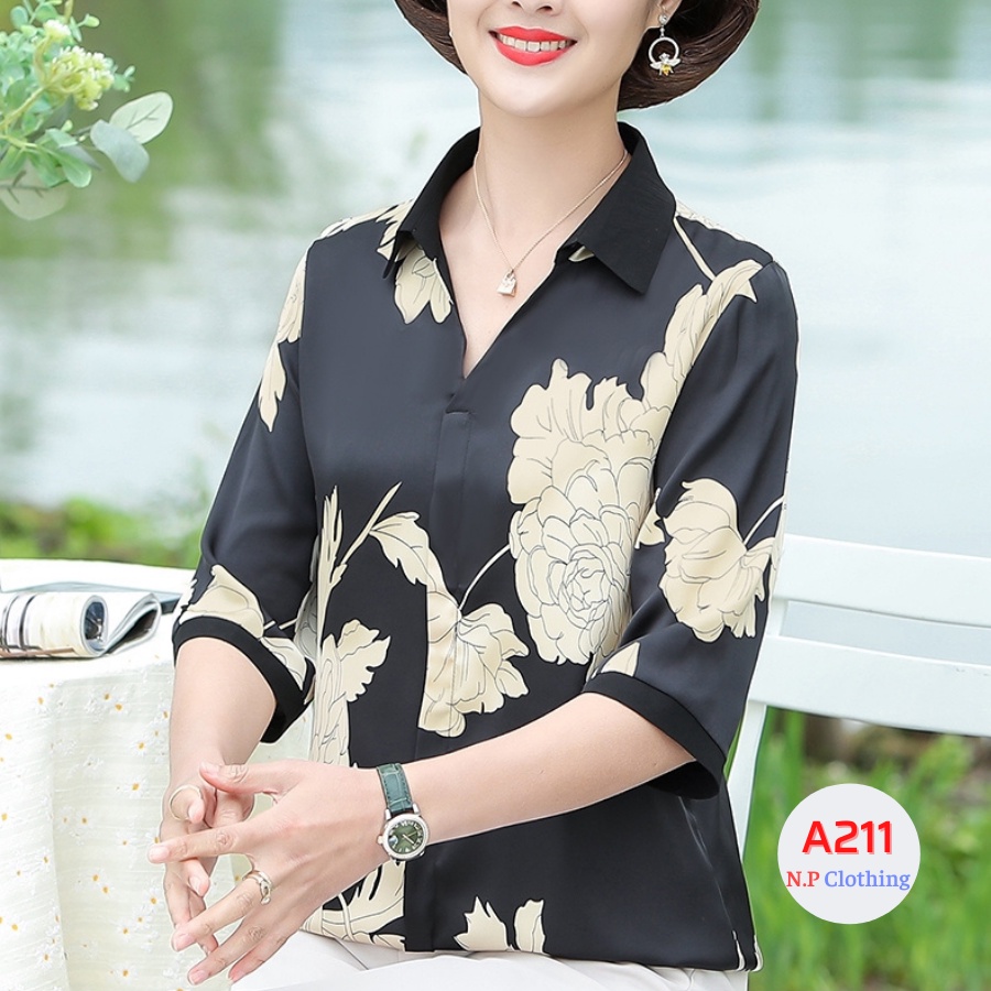 Áo Nữ Trung Niên A211, Mẫu Áo Hoa Cho Mẹ Tay Lỡ Cổ Sơ Mi Form Rộng Trang Nhã | Thời Trang Trung Niên U40