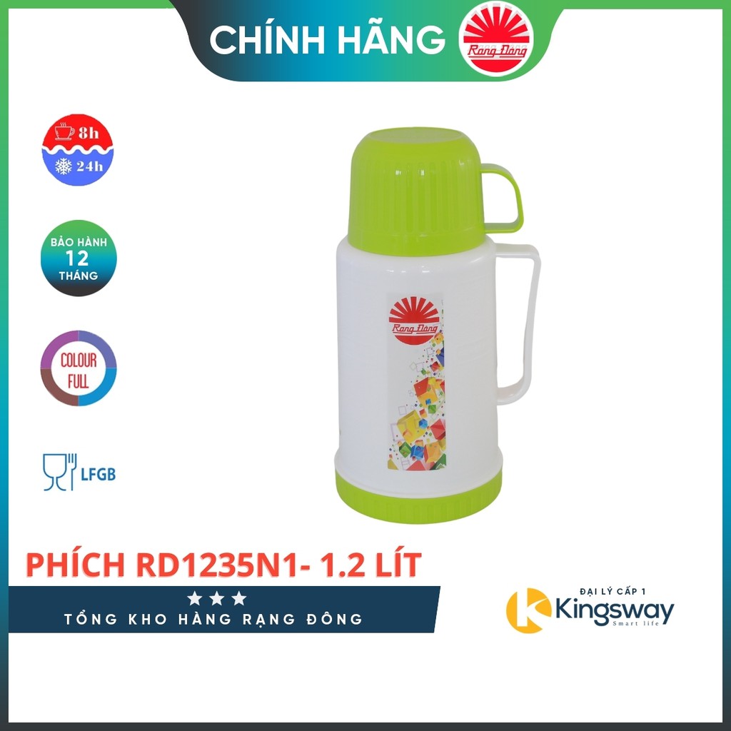 Phích nước Rạng Đông 1235N1 dung tích 1,2 Lít - Phích Giữ Nhiệt Thân Nhựa, Vai Nhựa