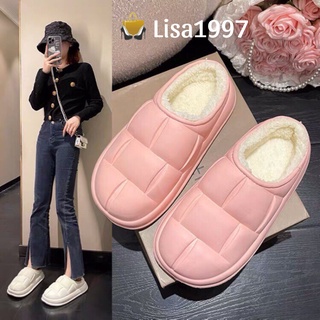 Dép bông bề mặt da chống thấm bên trong phủ lông đế cao 3cm thời trang thu đông
