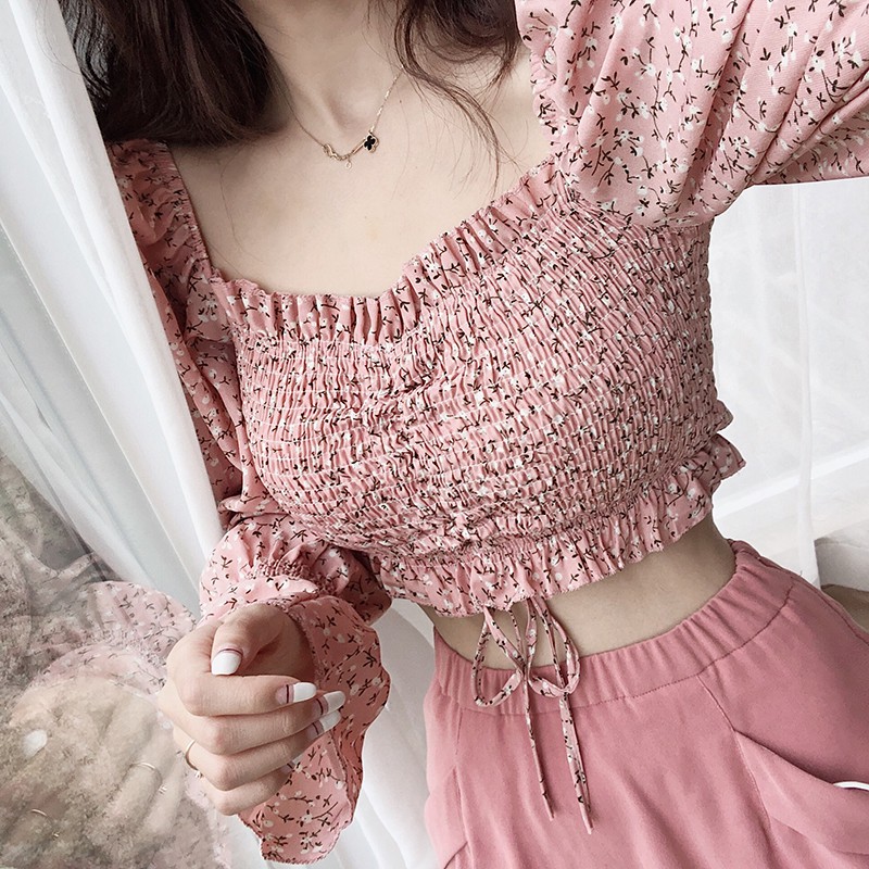 [Hàng Nhập]  Áo Croptop Tay Dài Cách Điệu "Voan Cát Hàn" - Style Hàn Quốc Mã QC69