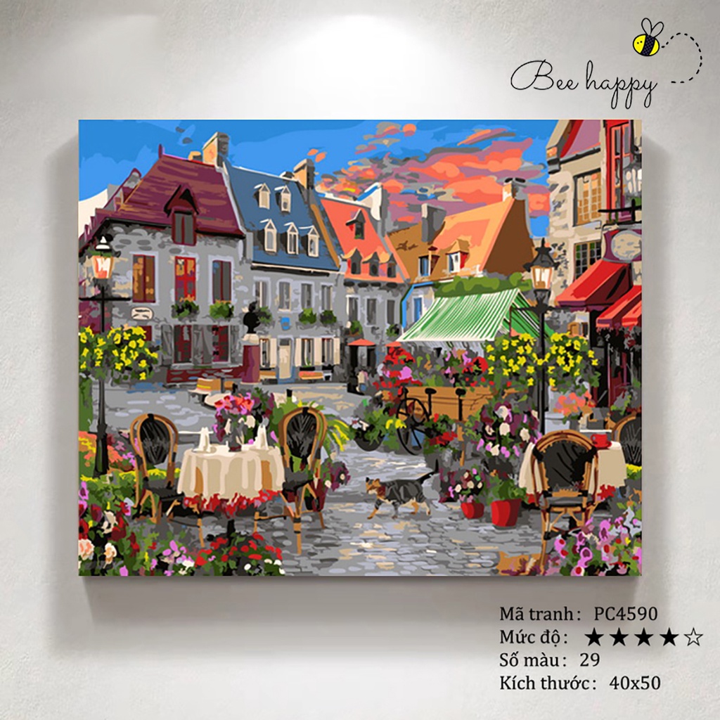Tranh tô màu theo số phong cảnh Góc phố hoa BEE HAPPY cao cấp màu 5ml, 2 bộ cọ có sẵn mã PC4590