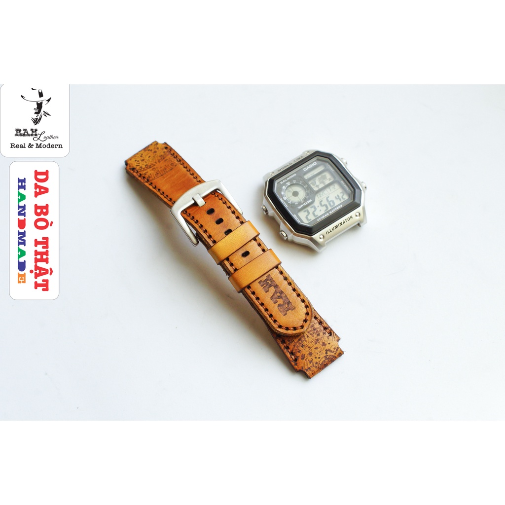 Dây đồng hồ RAM Leather cho CASIO 1200, AE 1200, 1300, 1100, A159 , A168 , Size 18 da bò Italia Vegtan Khắc Inca