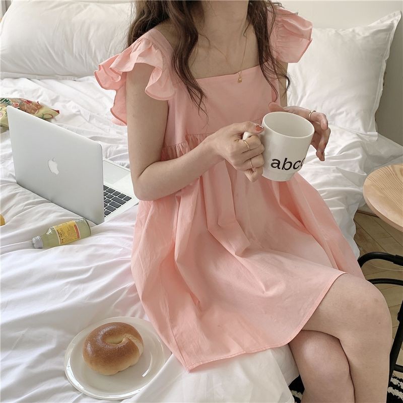 Cô gái Nhật Bản mềm mại gió ngọt ngào dễ thương bộ đồ ngủ màu hồng cổ vuông tay áo lá sen lỏng lẻo dịch vụ nhà treo váy ngủ nữ mùa hè [phát hành vào ngày 28 tháng 5]