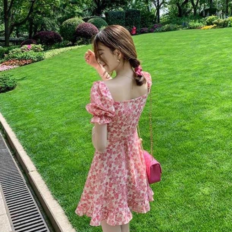 Đầm kiểu ngắn nữ xoè voan hoa nhí bèo tiểu thư hồng - Order taobao quảng châu
