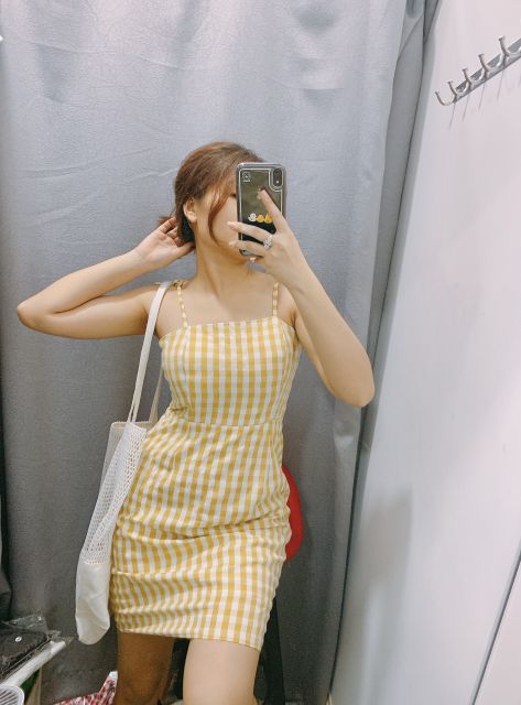 Đầm caro linen đỏ và vàng cột hai dây nơ - Luna Dress