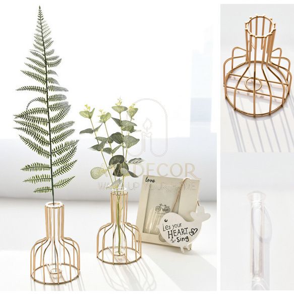 Bình hoa sắt vàng lọ thuỷ tinh nghệ thuật hoa giả decor trang trí phòng bếp sang trọng - AM Decor
