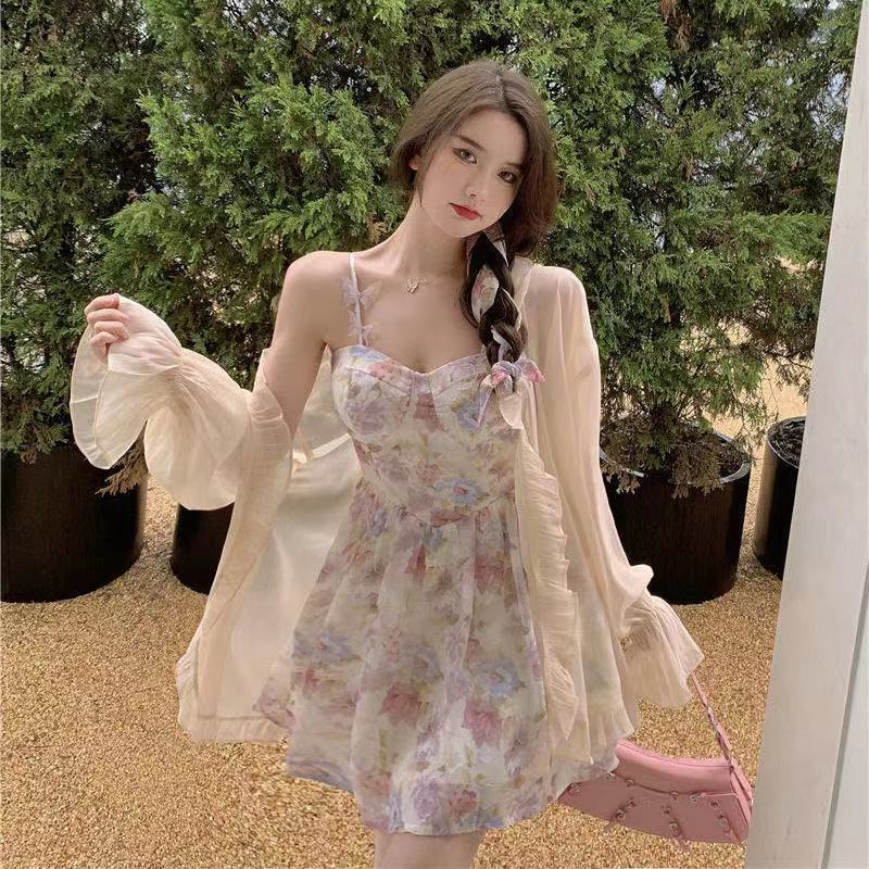 Bộ Áo Đầm Hai Dây In Hoa + Chân Váy Ngắn Lưng Cao Chống Nắng Cỡ Nhỏ Phong Cách Mori Thời Trang Mùa Hè Dành Cho Nữ