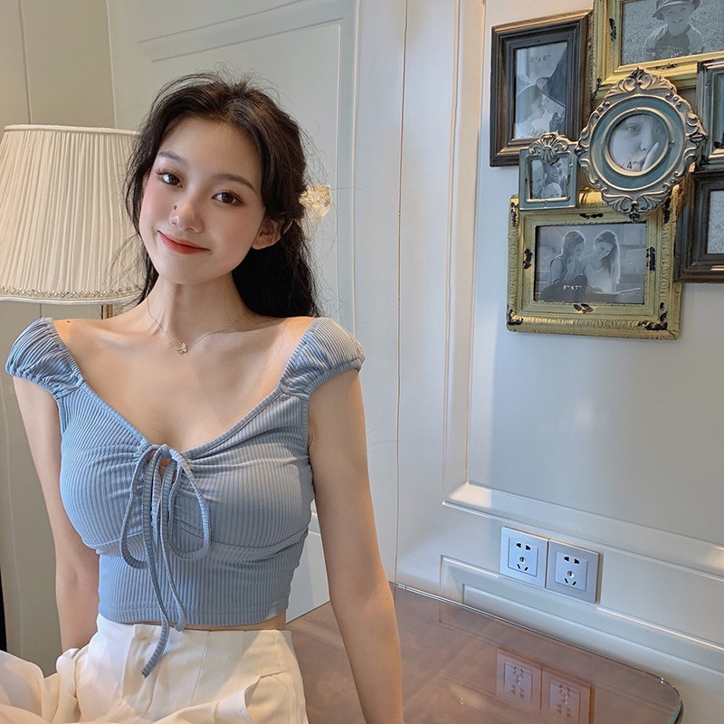 Áo Thun Dệt Kim Ngắn Tay Cổ Chữ V Thắt Dây Thời Trang