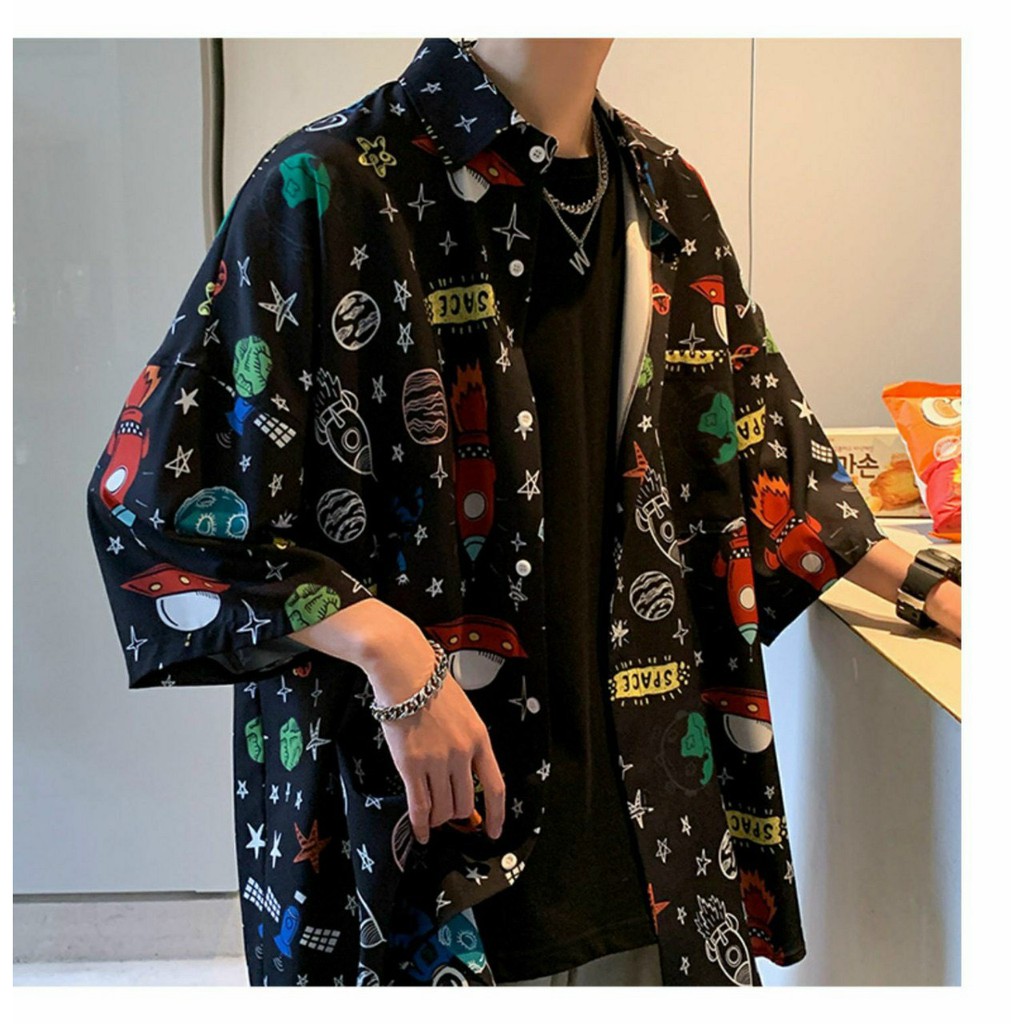 Áo Sơ Mi Tay Lỡ HỌA TIẾT VỆ TINH NHÍ Unisex