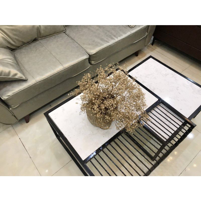 Bàn trà đôi mẫu vuông độc đáo, mặt đá trắng vân mây khung sắt sơn tĩnh điện chắc chắn