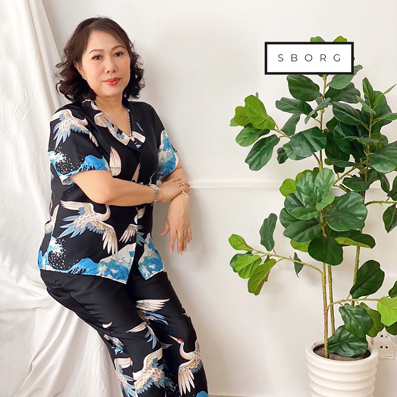 Đồ bộ trung niên SBORG pijama nữ mặc nhà lụa satin hạc sang trọng quần dài có túi đồ đôi mẹ và con gái quà tặng mẹ