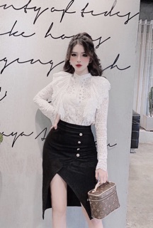Set áo thô hoa đốt + chân váy xẻ tà